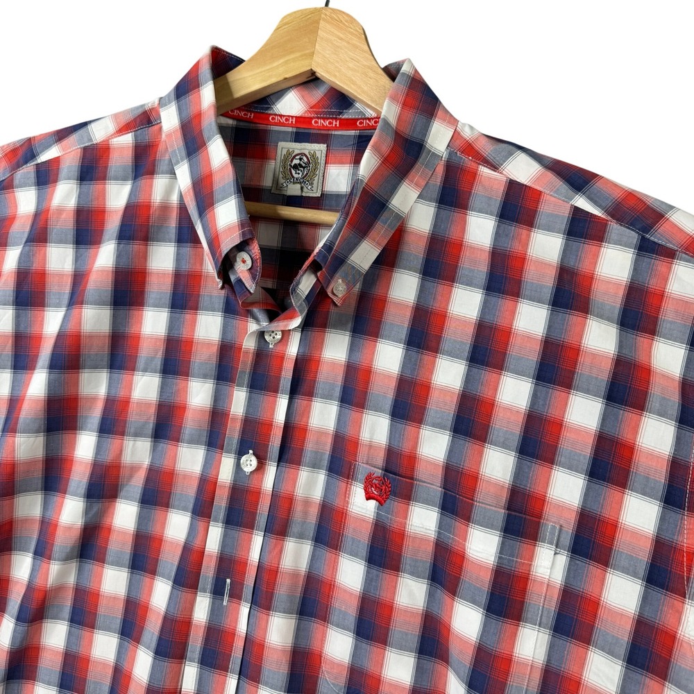 Cinch Mens XXL Short Sleeve Button Down Shirt Red White Blue Plaid Western Logo